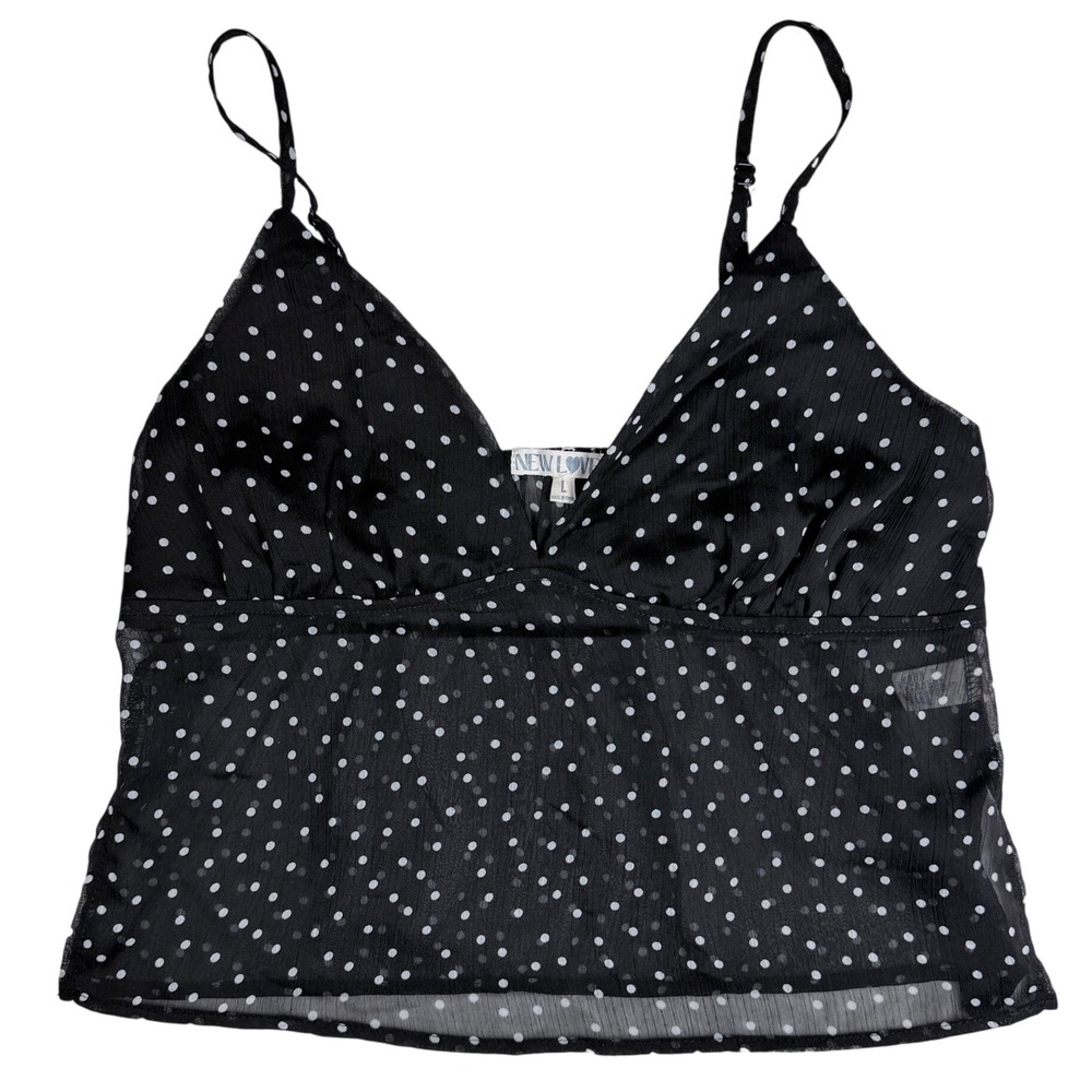 New Love Black Polka Dot Camisole Top Adjustable Straps Womens Large Festival